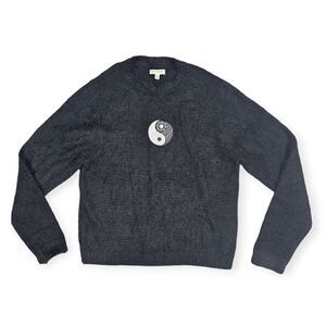 Earthbound Black Yin Yang Fuzzy Pullover Crew Neck Sweater Women's Size‎ XL